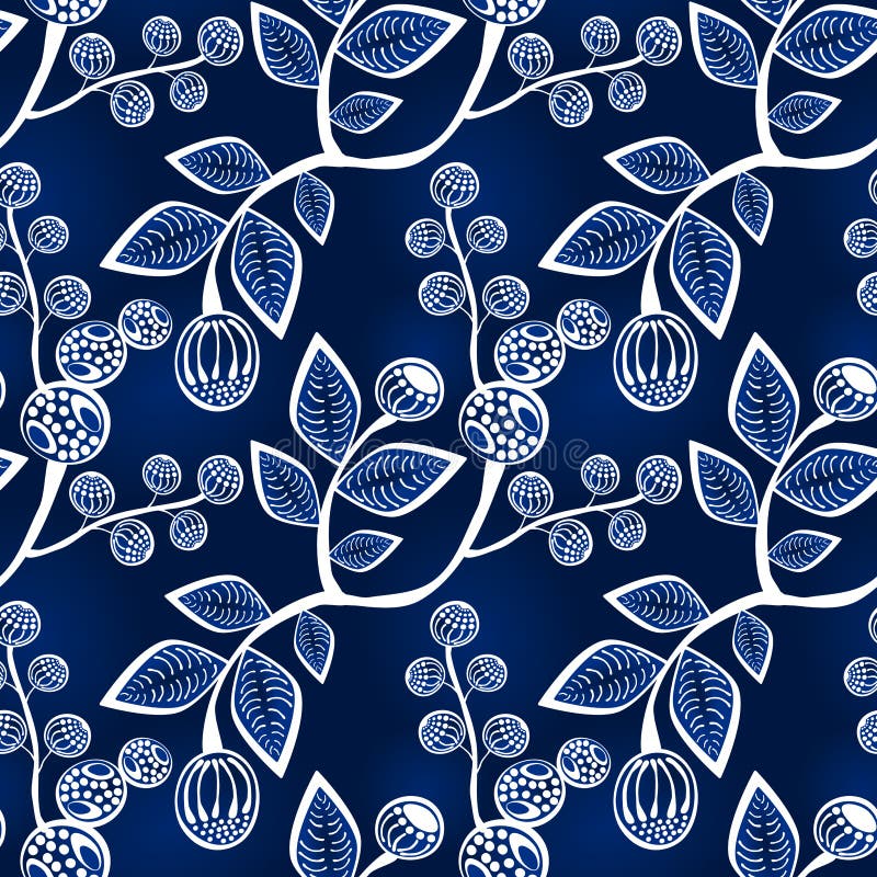 Seamless Blue Leaves and Berries on Branches stock illustration