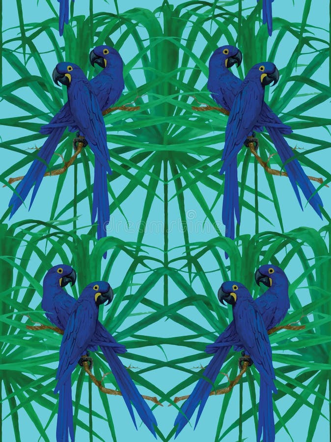 Seamless hyacinth macaw parrot pattern. Hand drawn vector illustration