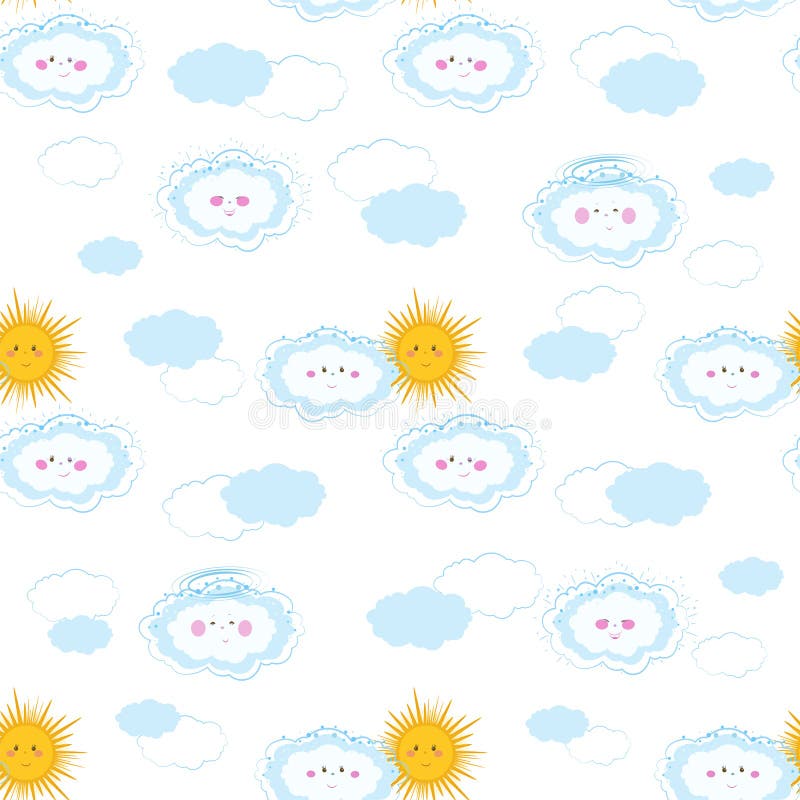 Seamless pattern with cute clouds and sun on white background. Hand drawn vector illustration. vector illustration