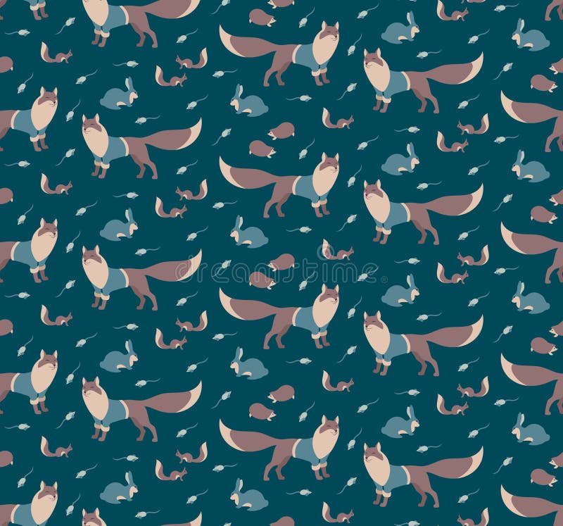 Seamless pattern with fox and hedgehog, hare, mouse, squirrel. Autumn or winter vintage background, scandinavian style. Hyugge. Endless retro vector vector illustration