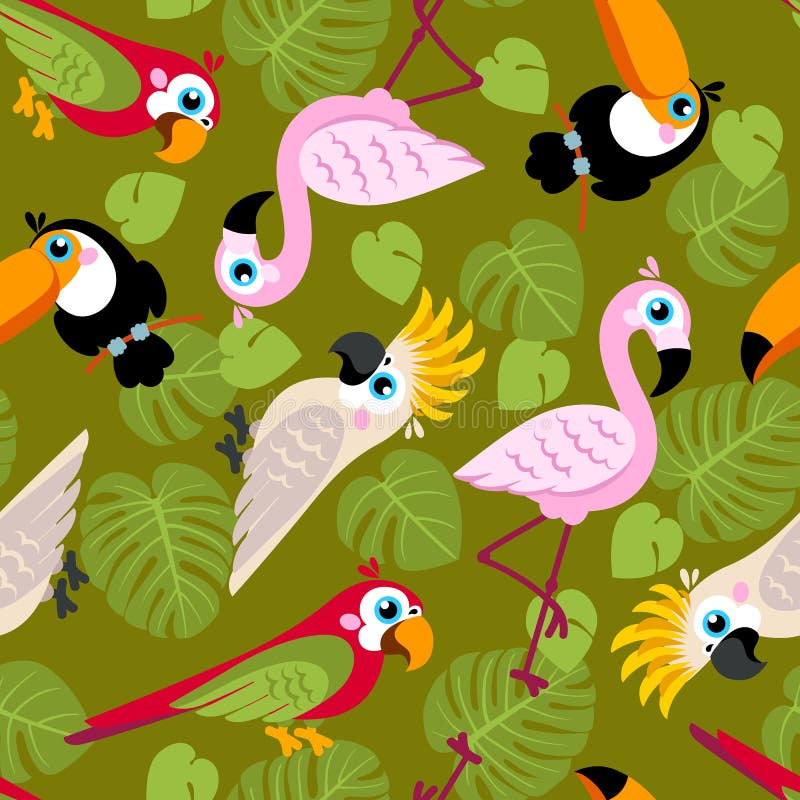 Seamless pattern with pink flamingos, cockatoo parrot, ara, Toucan and green palm leaves. Vector background. Design for fabric and decor royalty free illustration