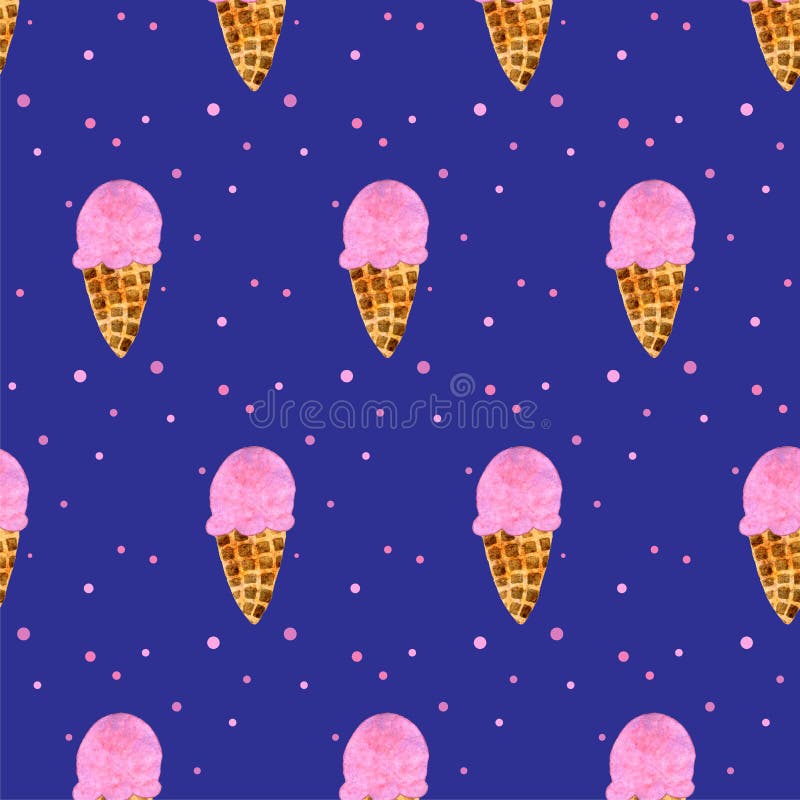 Seamless pattern with pink strawberry ice cream cone on blue board. Trendy hand drawn design. For wrapping paper, textile, packaging. Hand drawn print. Sweet stock illustration