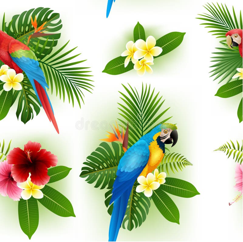 Seamless pattern of tropical flowers, tropical leaves and parrot. Illustration of Seamless pattern of tropical flowers, tropical leaves and parrot royalty free illustration