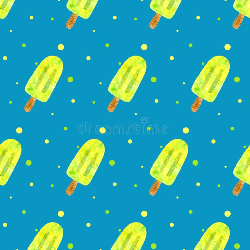 Seamless pattern with yellow ice cream on stick on blue board. Trendy hand drawn design for wrapping paper, textile. Packaging. Hand drawn print. Sweet summer vector illustration