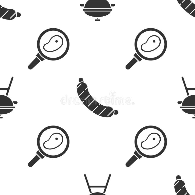 Set Barbecue grill, Sausage and Steak meat in frying pan on seamless pattern. Vector.  stock illustration