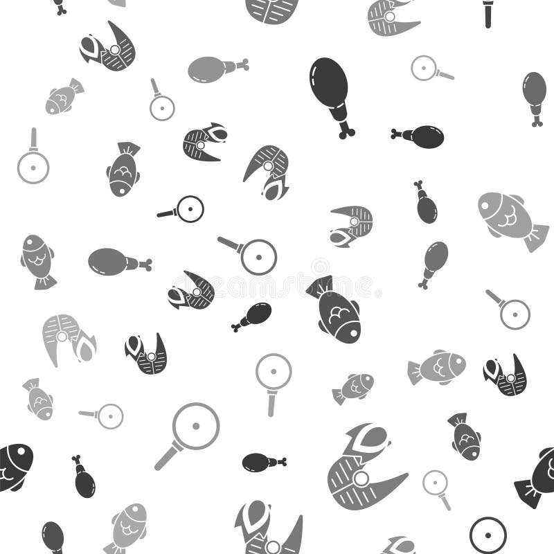 Set Chicken leg, Grilled fish steak and fire flame, Fish and Frying pan on seamless pattern. Vector.  vector illustration