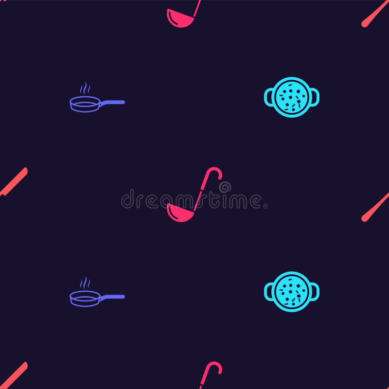 Set Cooking soup in pot, Frying pan, Kitchen ladle and Knife on seamless pattern. Vector.  royalty free illustration