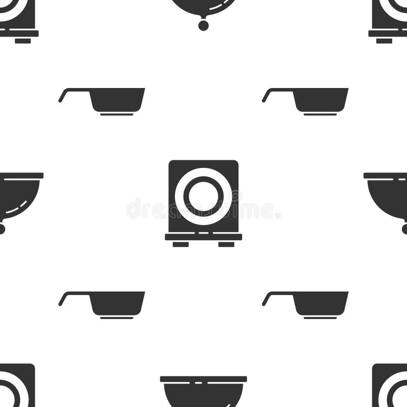 Set Covered with tray of food, Electric stove and Frying pan on seamless pattern. Vector.  royalty free illustration