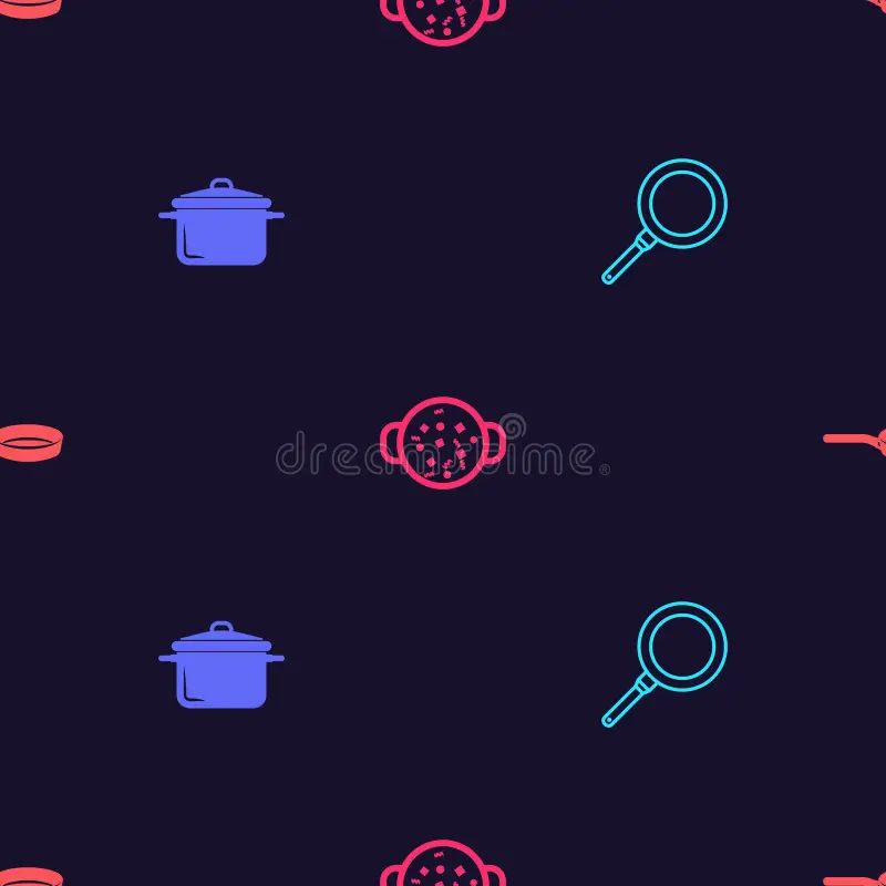 Set Frying pan, Cooking pot, soup and on seamless pattern. Vector.  vector illustration