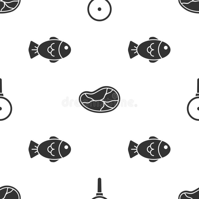 Set Frying pan, Steak meat and Fish on seamless pattern. Vector.  stock illustration