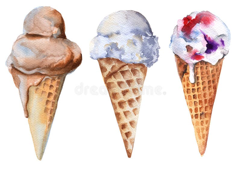 Set of ice cream in a cone. Chocolate, vanilla and fruit. Isolated on white background. Watercolor illustration royalty free stock photo