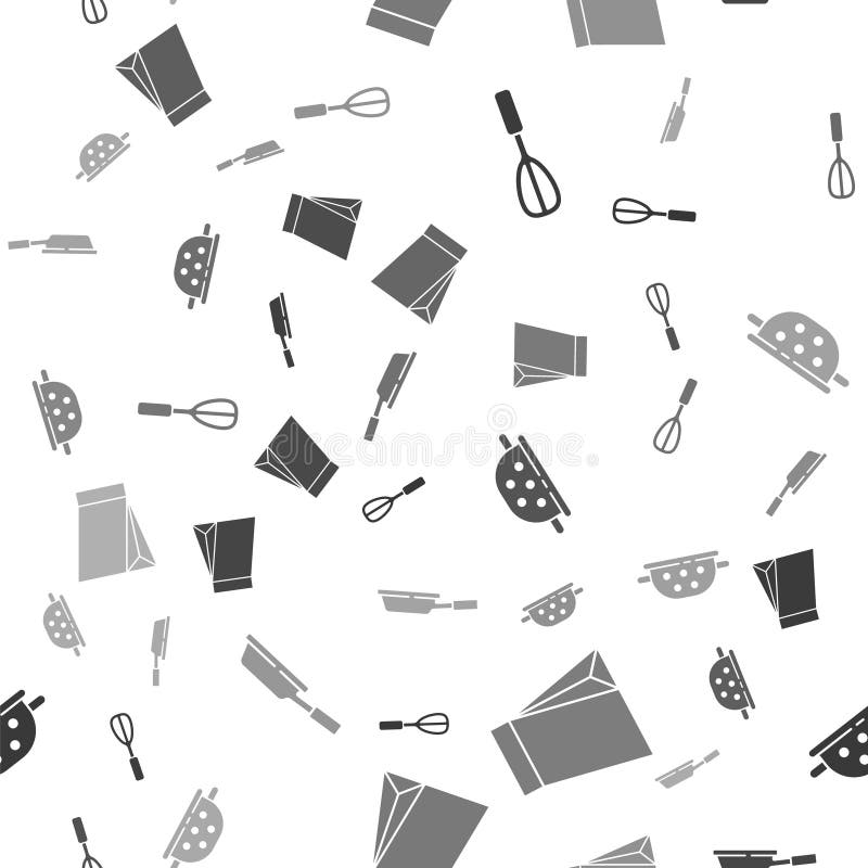 Set Kitchen whisk, Bag of coffee beans, Kitchen colander and Frying pan on seamless pattern. Vector.  vector illustration