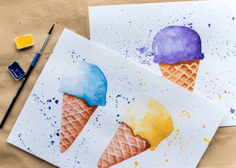 Set of hand drawn ice cream pictures. Set of realistic hand drawn delicious ice cream cones royalty free stock images