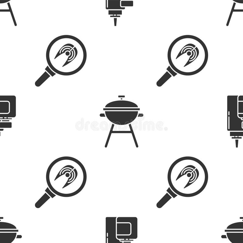 Set Sauce bottle, Barbecue grill and Fish steak in frying pan on seamless pattern. Vector.  royalty free illustration