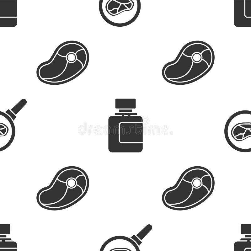 Set Steak meat in frying pan, Sauce bottle and Steak meat on seamless pattern. Vector.  royalty free illustration