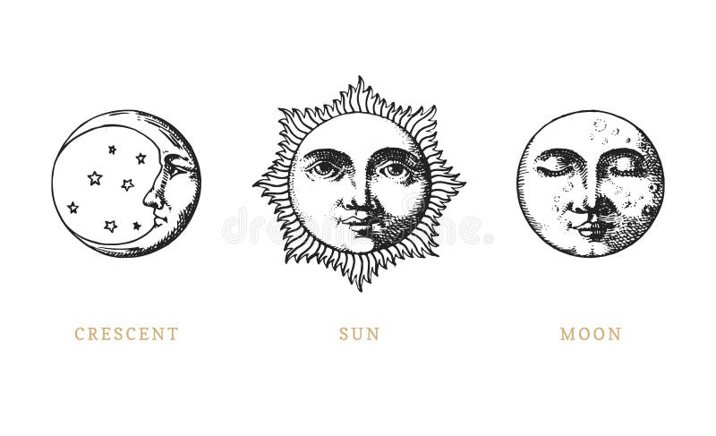 Set of Sun, Moon and crescent, hand drawn in engraving style. Vector graphic retro illustrations. stock illustration