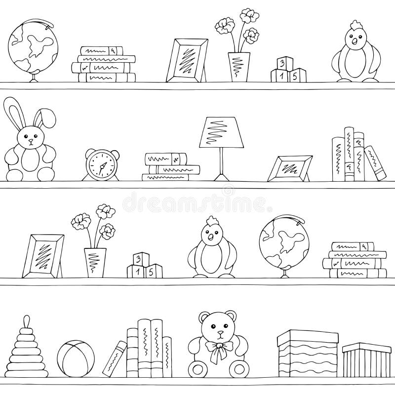 Shelves graphic black white children room toy book seamless pattern background sketch illustration vector. Shelves graphic black white children room toy book vector illustration