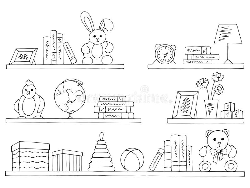 Shelves set graphic black white isolated children room toy book sketch illustration vector. Shelves set graphic black white isolated children room toy book vector illustration