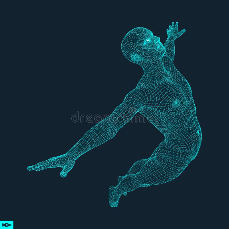 Silhouette of a Jumping Man. 3D Model of Man. Geometric Design. Polygonal Covering Skin. Human Body Wire Model. Vector Illustration royalty free illustration