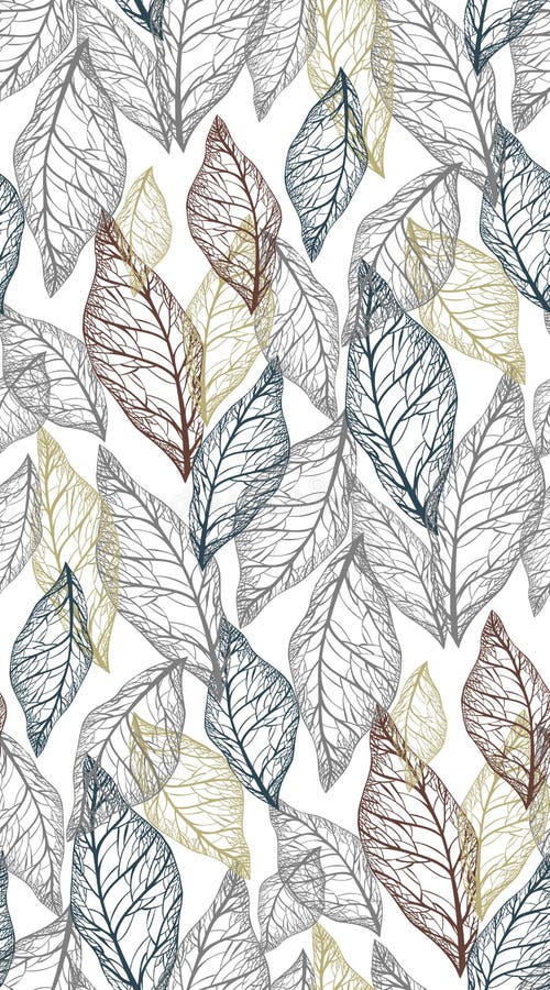 Skeletons of leaves of different light colors on a dark gray background, seamless vector pattern vector illustration