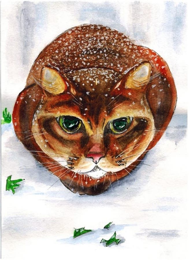 Sketch. Cat in the snow. The picture `Cat in the snow`. is made manuale: drawn in pencil and watercolour stock images