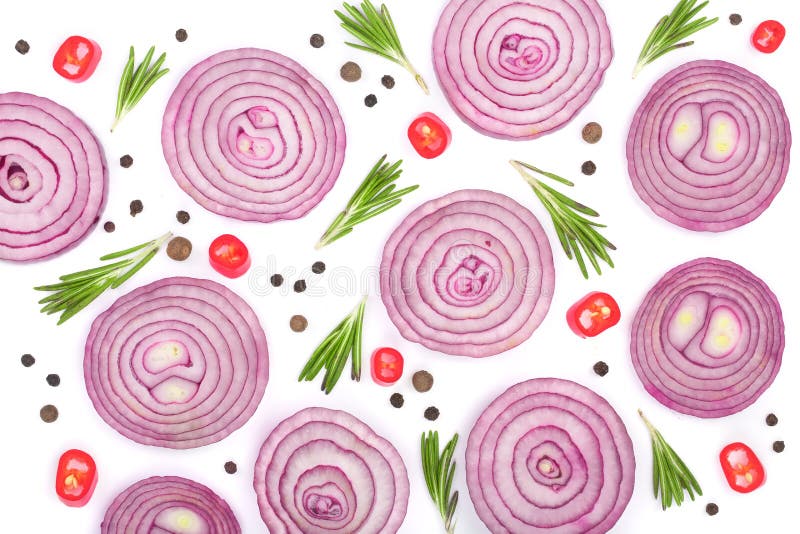 Sliced red onion rings with rosemary and peppercorns isolated on white background. Top view. Flat lay pattern.  stock photo