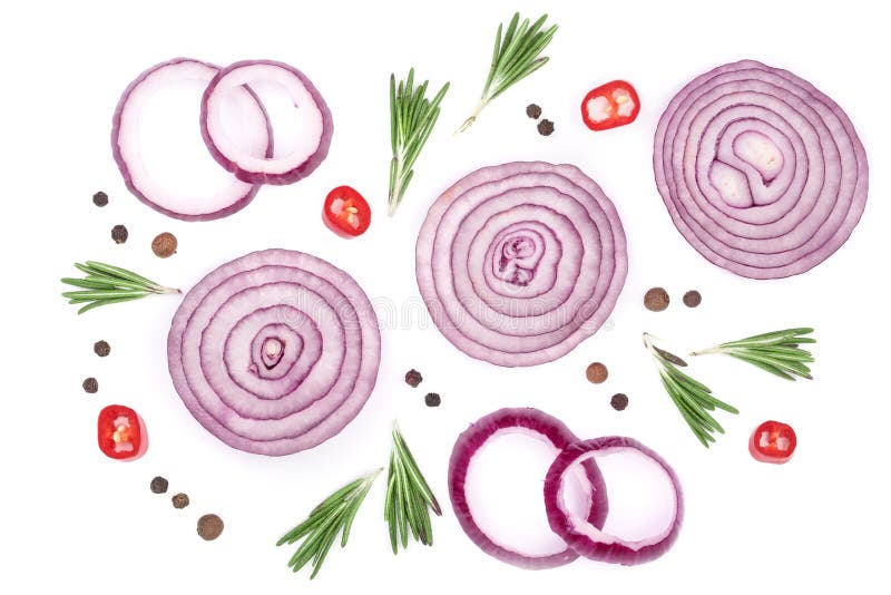 Sliced red onion rings with rosemary and peppercorns isolated on white background. Top view. Flat lay pattern.  royalty free stock photo