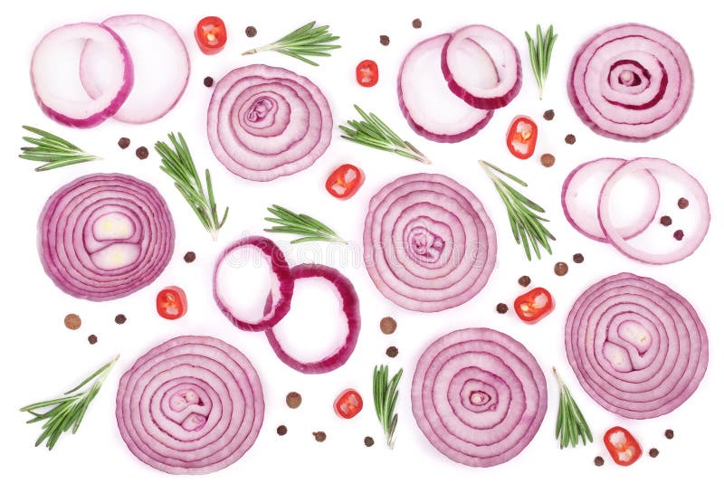 Sliced red onion rings with rosemary and peppercorns on white background. Top view. Flat lay pattern.  stock images