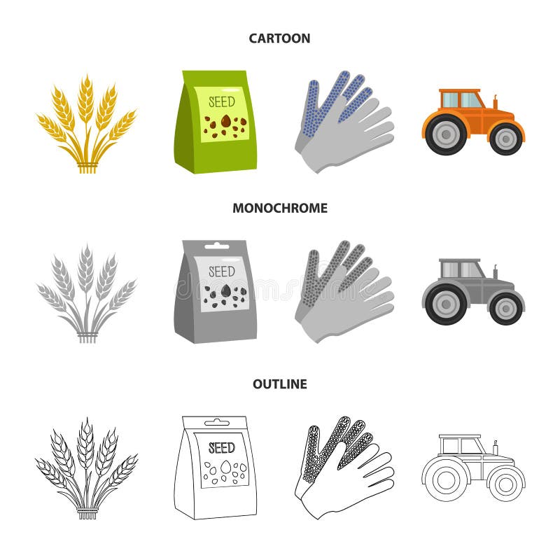 Spikelets of wheat, a packet of seeds, a tractor, gloves.Farm set collection icons in cartoon,outline,monochrome style vector illustration