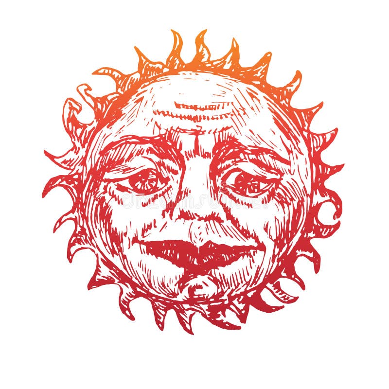 The sun with the wrinkled face of a wise old man looks with kindness in his eyes, old fashioned woodcut style design vector illustration