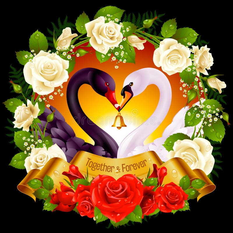 Swans, roses and hearts stock illustration
