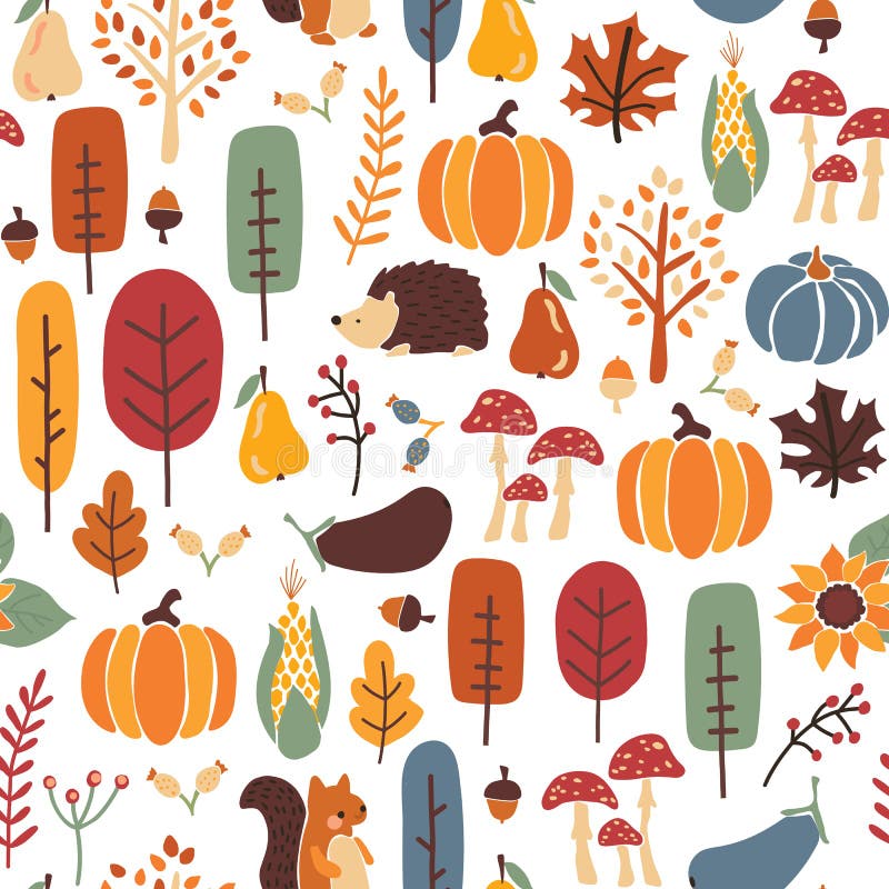 Thanksgiving Autumn seamless vector pattern. Repeating fall background hedgehog, squirrel corn tree pumpkin pear.  royalty free illustration