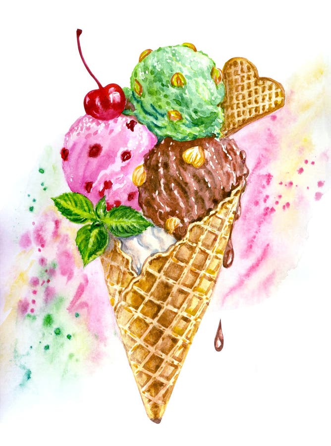 Three balls of Ice Cream Cone, watercolor illustration. Three balls of Ice Cream Cone: cherry, chocolate and pistachio, watercolor illustration, print for poster vector illustration
