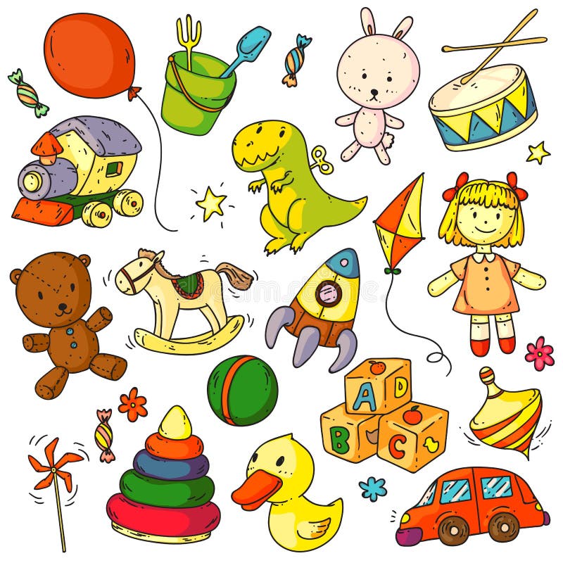 Toys doodles. Funny children toys object sketches. Signs set. Cute bunny, bear animal, balloon, duck, car, rocket, horse, ball, doll, abc cubes game doodles vector illustration