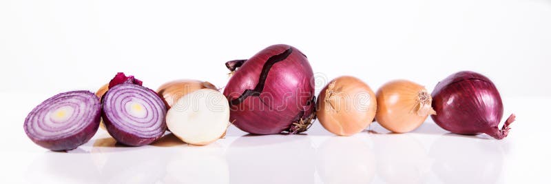 Various onions. Panorama of various onions, unpeeled or sliced, in front of a white background stock photos