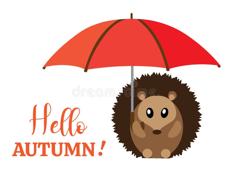 Vector hello autumn with a hedgehog. Vector illustration of fall, autumn background with a hedgehog holding an umbrella vector illustration