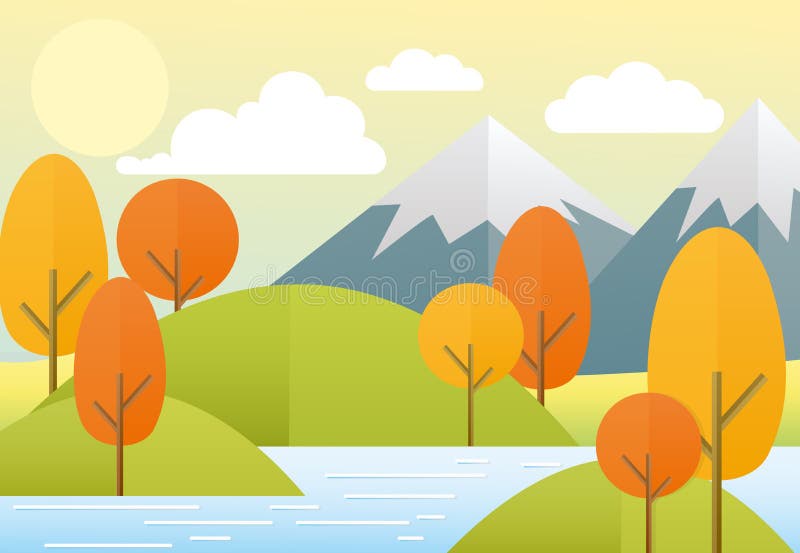 Vector illustration flat autumn nature landscape. Colorful nature, mountains, lake, sun, trees, clouds. Autumn view in stock illustration
