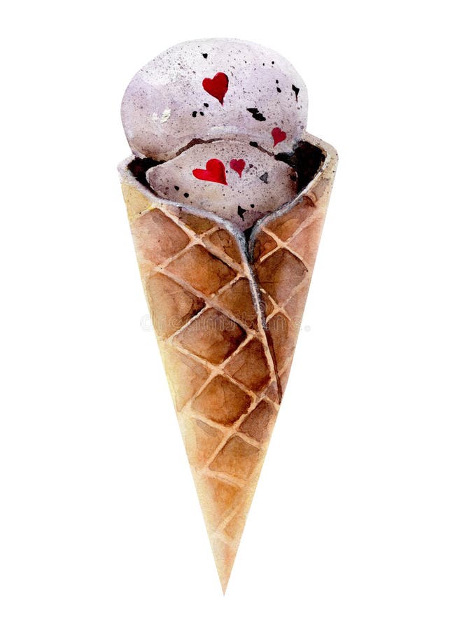 Waffle ice cream cone painted with watercolors isolated on white background. Watercolor illustration. Postcard with ice cream royalty free stock images