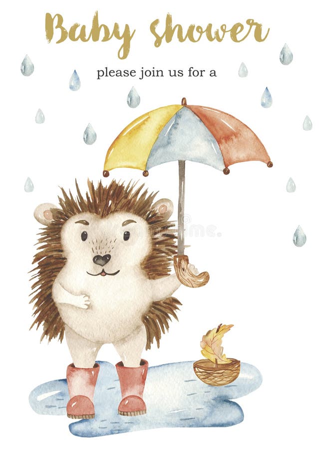 Watercolor autumn set, greeting card with cute hedgehog, umbrella, puddle. Watercolor autumn set, greeting card with cute hedgehog. Illustration for invitations vector illustration