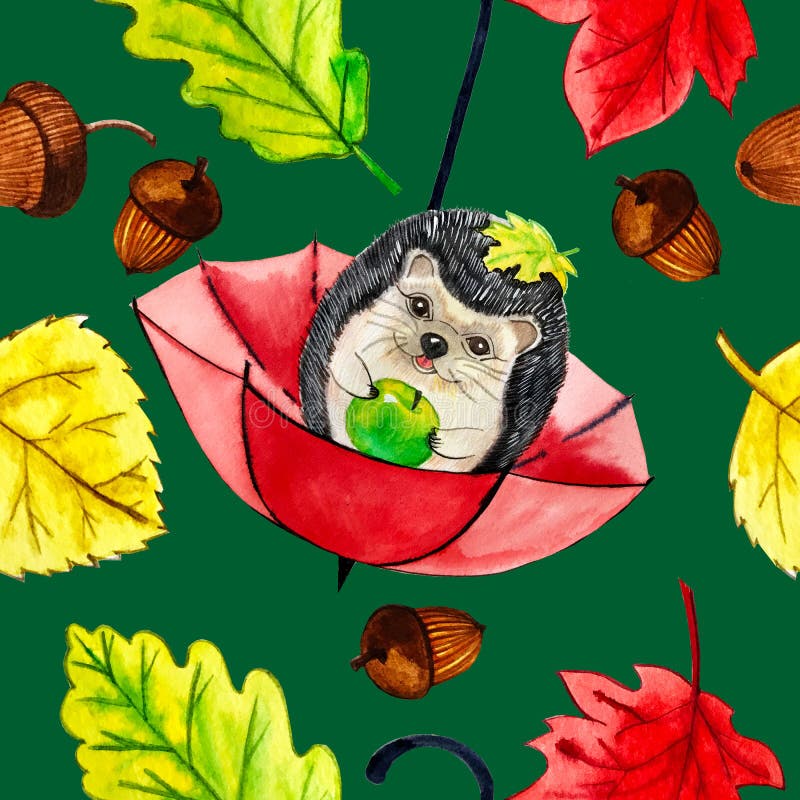 Watercolor illustration. pattern hedgehog, umbrella and autumn leaves. Watercolor illustration. seamless pattern hedgehog, red umbrella and autumn leaves royalty free illustration