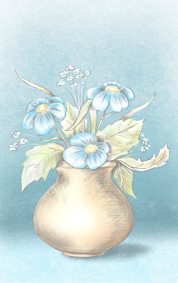 Watercolor and pastel sketch of vase with blue flowers vector illustration