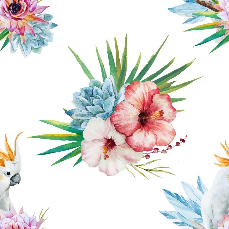 Watercolor pattern with parrot and flowers. Beautiful vector watercolor pattern with parrot and flowers royalty free illustration