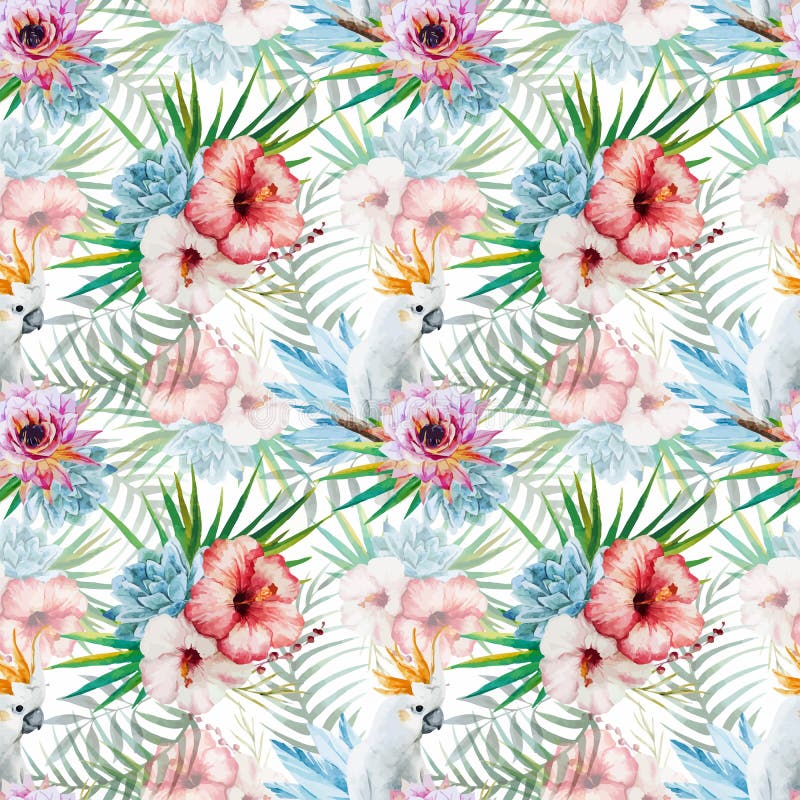 Watercolor pattern with parrot and flowers. Beautiful vector watercolor pattern with parrot and flowers royalty free illustration