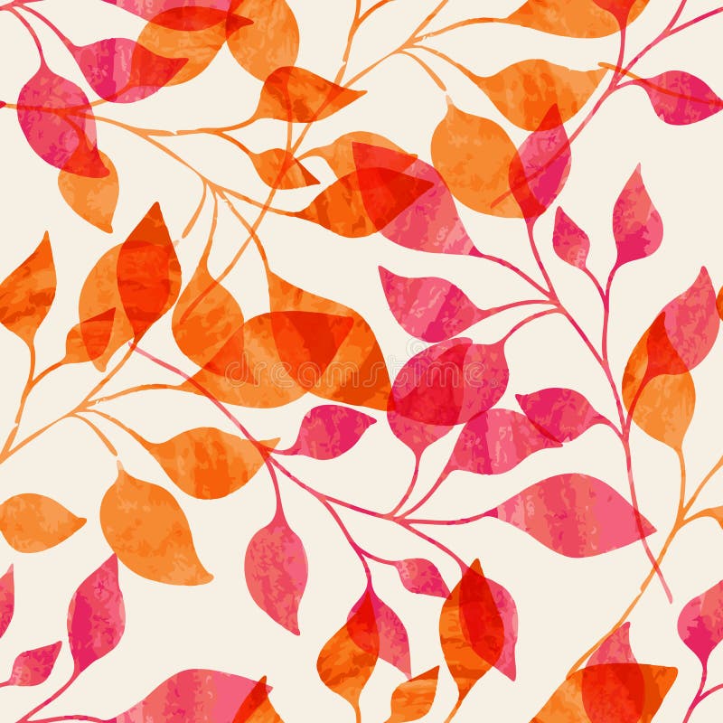 Watercolor seamless pattern with pink and orange autumn leaves. Vector nature background. stock illustration