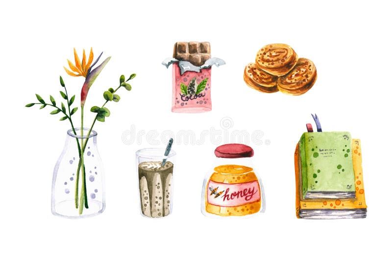 Watercolor set of vase with flowers, chocolate bar, cocoa drink, honey, books, bakery. Illustration isolated on white. Hand drawn vector illustration