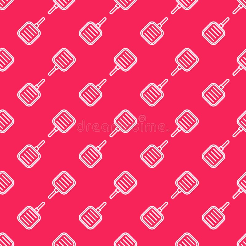 White line Frying pan icon isolated seamless pattern on red background. Fry or roast food symbol. Vector. Illustration royalty free illustration