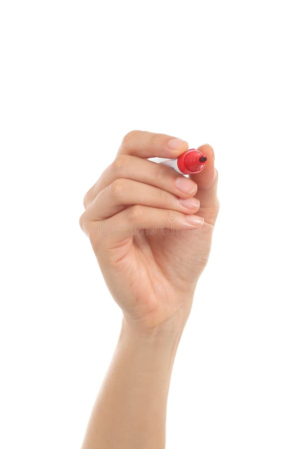 Woman hand drawing in the air with a red marker. On a white isolated background stock photos