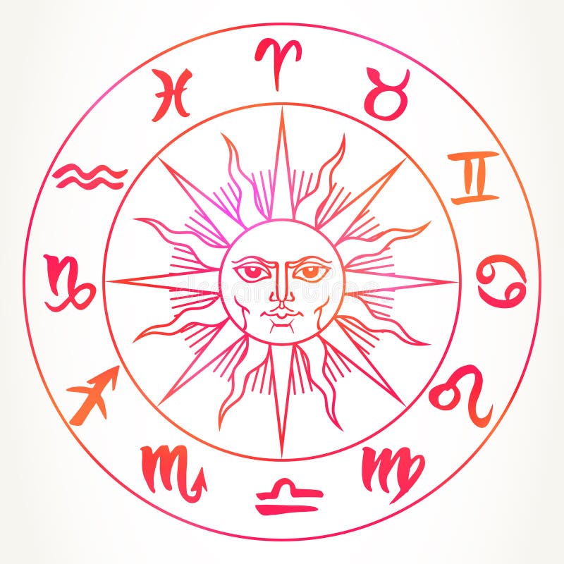 Zodiac signs over sun face vector illustration