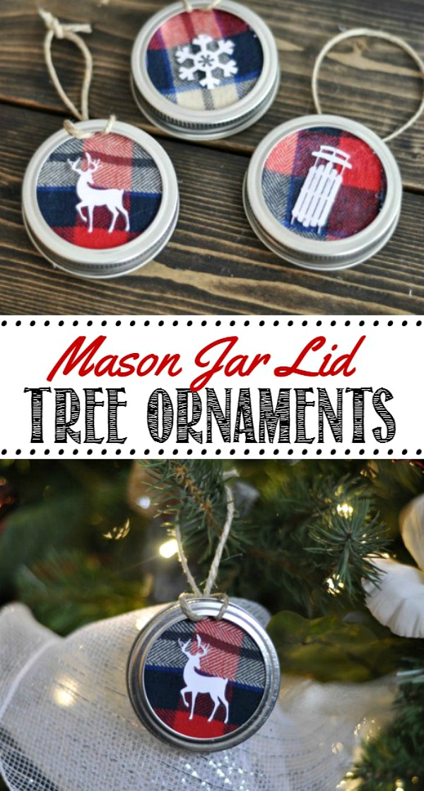 Cute mason jar lid ornaments made from fabric and mason jar lids.