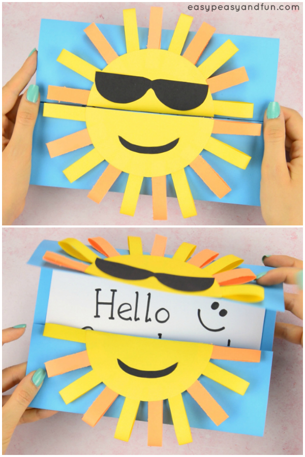 Sun DIY Paper Card Idea for Kids. This DIYcard is a perfect summer craft for kids, you can modify it and make it even easier for preschoolers to make while kids in kindergarten will love making the paper loops.